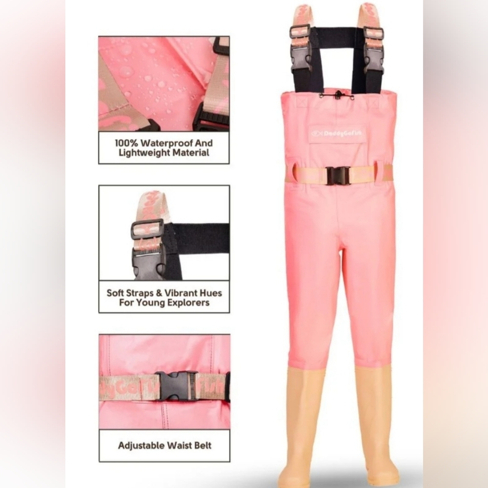 Kids Waterproof Pink Chest Waders with Adjustable Straps